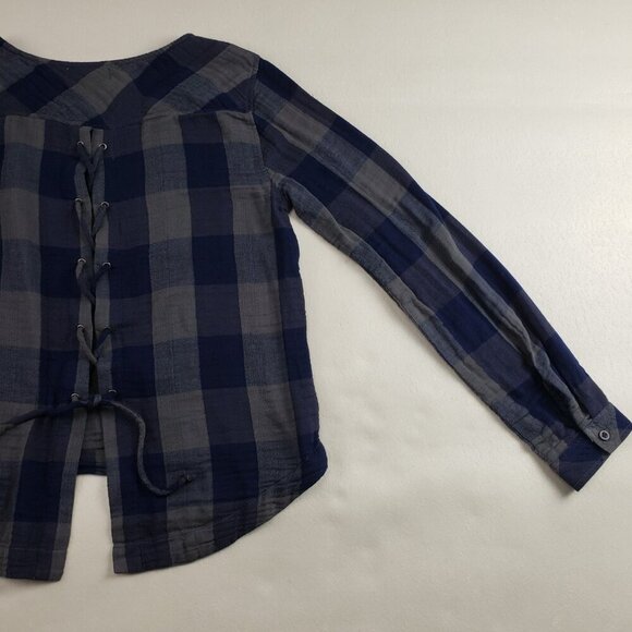 Cloth & Stone Buffalo Check Shirt Womens Gray Anthropologie Lace Up Tie Back Top - Picture 6 of 12